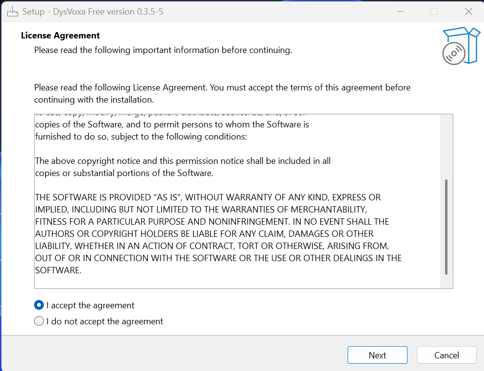 Installer license agreement screen showing the MIT license text