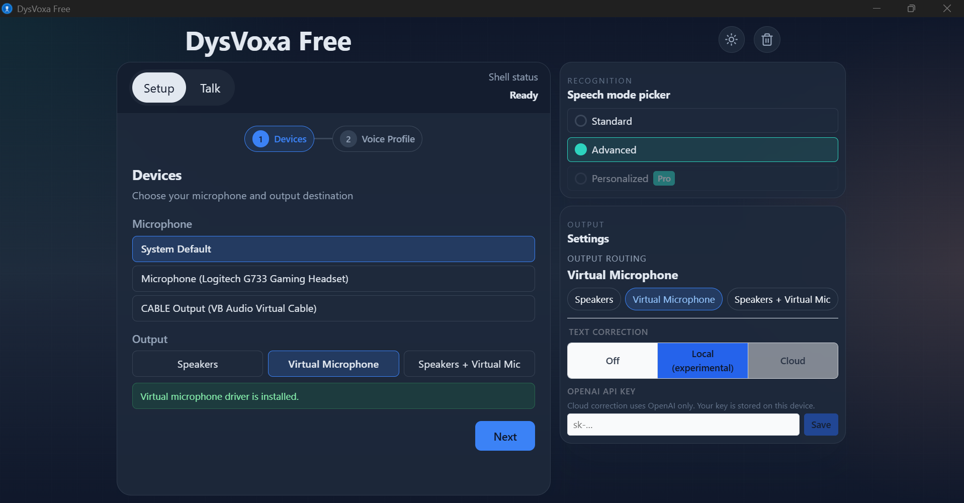 DysVoxa setup screen in dark mode showing the settings sidebar with speech mode, output, and text correction cards