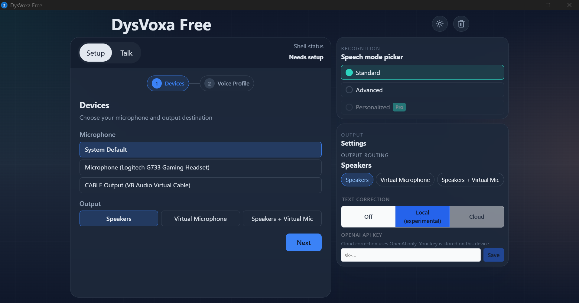 DysVoxa setup screen showing the Devices step with microphone selection and output routing