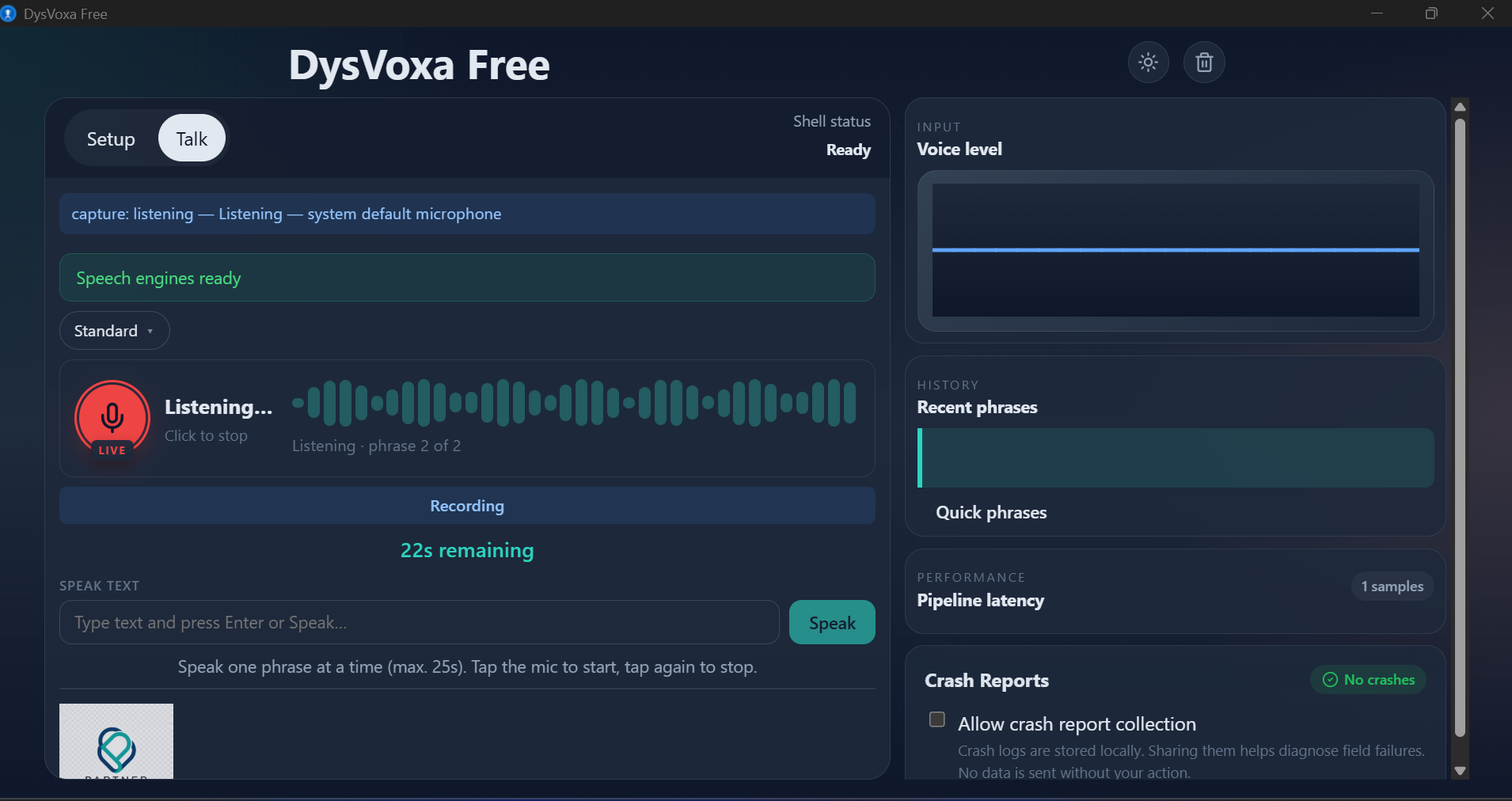 DysVoxa Talk screen in dark mode