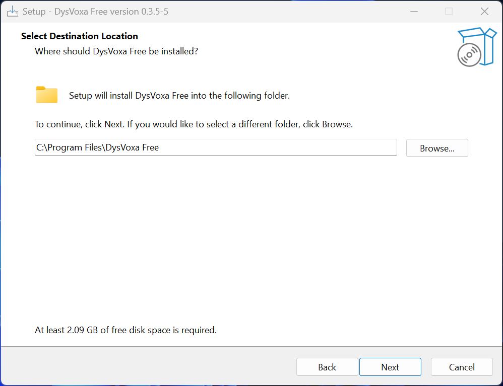 Installer choosing install location, defaulting to C:\Program Files\DysVoxa Free